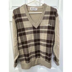 Arnold Palmer Brown Plaid V-Neck Pullover Sweater Men's LL Ivy Old Money Grandpa